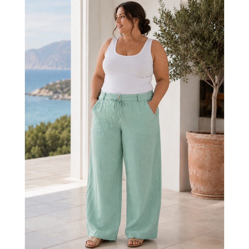 Cremieux Cotton Linen Pants Womens 14 Mist Green Wide Leg Coastal Resort Capsule